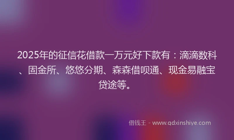 2025年的征信花借款一万元好下款有：滴滴数科、固金所、悠悠分期、森森借呗通、现金易融宝贷途等。