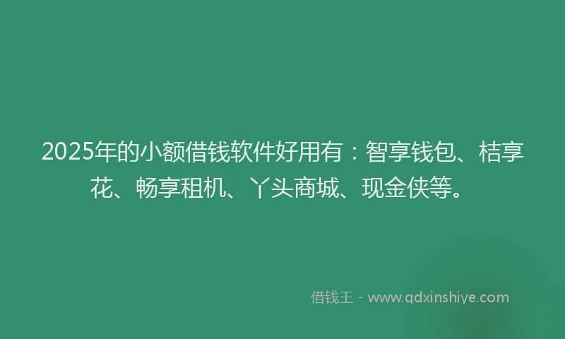 2025年的小额借钱软件好用有：智享钱包、桔享花、畅享租机、丫头商城、现金侠等。