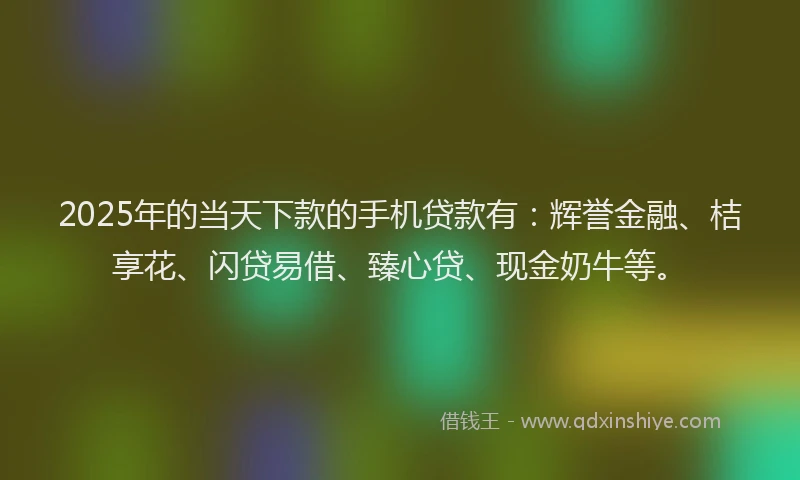2025年的当天下款的手机贷款有：辉誉金融、桔享花、闪贷易借、臻心贷、现金奶牛等。