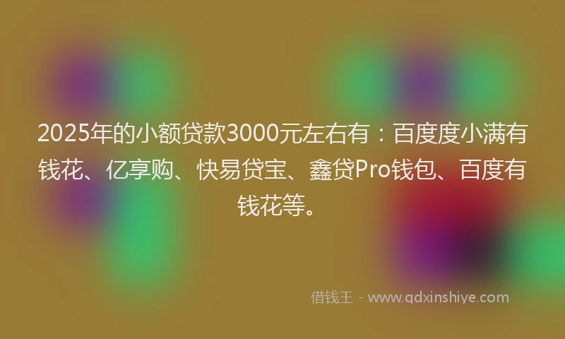 2025年的小额贷款3000元左右有：百度度小满有钱花、亿享购、快易贷宝、鑫贷Pro钱包、百度有钱花等。