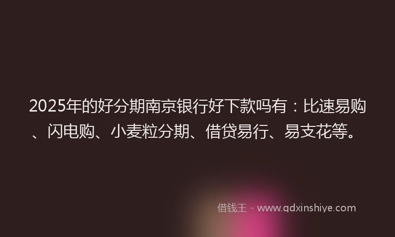 2025年的好分期南京银行好下款吗有：比速易购、闪电购、小麦粒分期、借贷易行、易支花等。