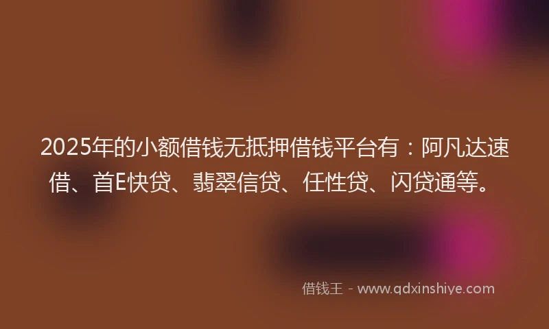 2025年的小额借钱无抵押借钱平台有：阿凡达速借、首E快贷、翡翠信贷、任性贷、闪贷通等。