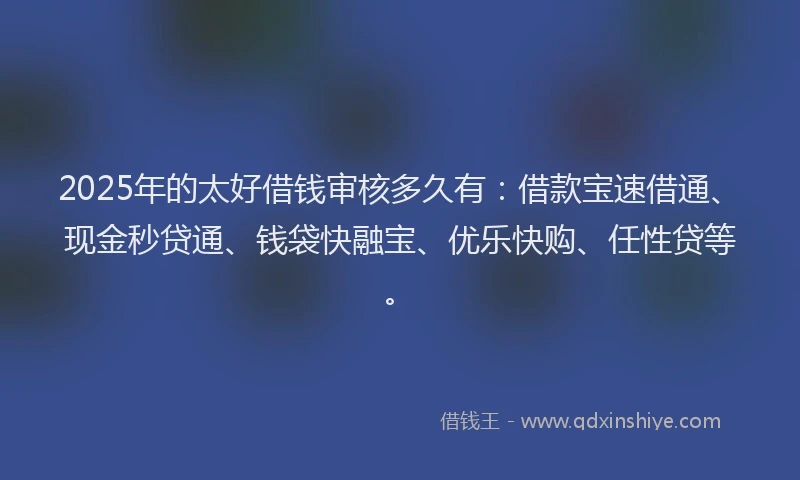2025年的太好借钱审核多久有:借款宝速借通、现金秒贷通、钱袋快融宝、优乐快购、任性贷等。
