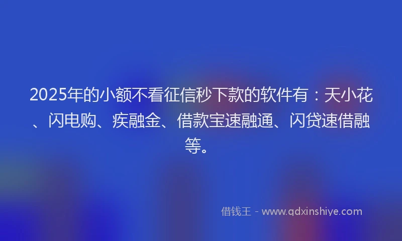 2025年的小额不看征信秒下款的软件有：天小花、闪电购、疾融金、借款宝速融通、闪贷速借融等。