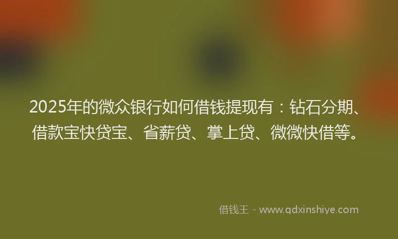 2025年的微众银行如何借钱提现有：钻石分期、借款宝快贷宝、省薪贷、掌上贷、微微快借等。