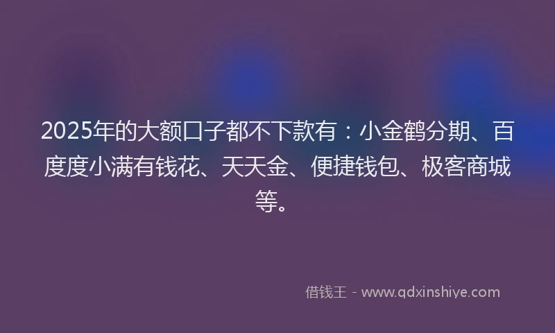 2025年的大额口子都不下款有：小金鹤分期、百度度小满有钱花、天天金、便捷钱包、极客商城等。