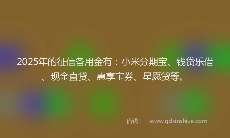 2025年的征信备用金有：小米分期宝、钱贷乐借、现金直贷、惠享宝券、星愿贷等。