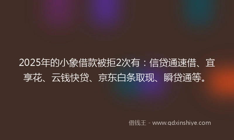 2025年的小象借款被拒2次有：信贷通速借、宜享花、云钱快贷、京东白条取现、瞬贷通等。