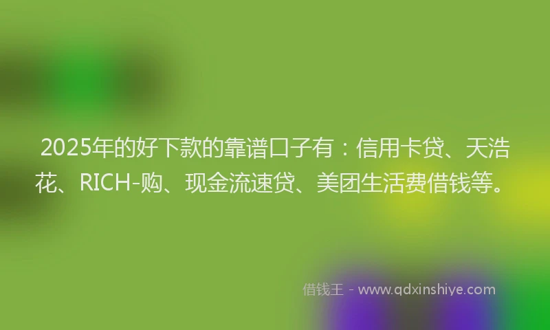 2025年的好下款的靠谱口子有：信用卡贷、天浩花、RICH-购、现金流速贷、美团生活费借钱等。