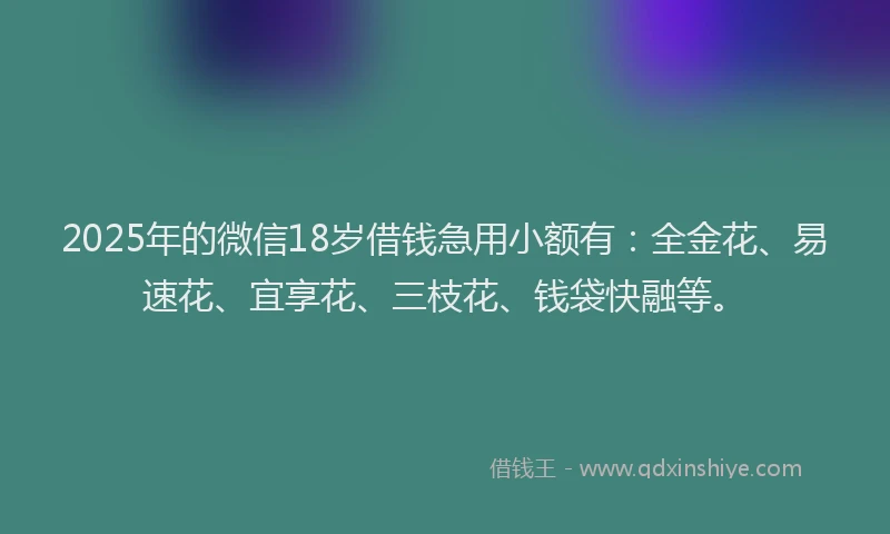 2025年的微信18岁借钱急用小额有：全金花、易速花、宜享花、三枝花、钱袋快融等。
