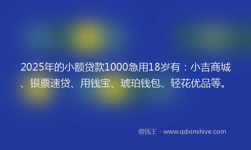 2025年的小额贷款1000急用18岁有：小吉商城、银票速贷、用钱宝、琥珀钱包、轻花优品等。