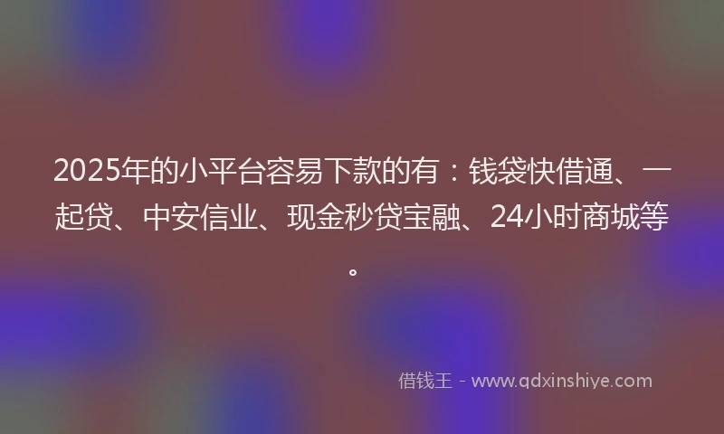 2025年的小平台容易下款的有：钱袋快借通、一起贷、中安信业、现金秒贷宝融、24小时商城等。