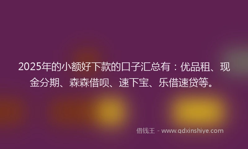 2025年的小额好下款的口子汇总有：优品租、现金分期、森森借呗、速下宝、乐借速贷等。