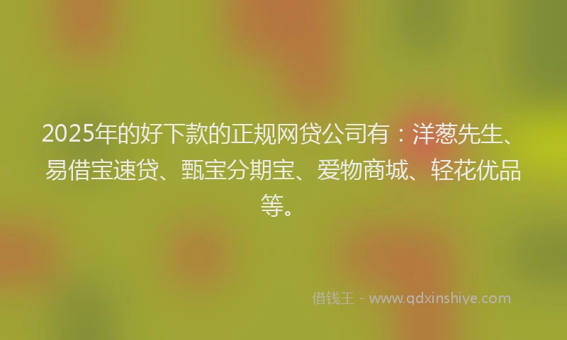 2025年的好下款的正规网贷公司有：洋葱先生、易借宝速贷、甄宝分期宝、爱物商城、轻花优品等。