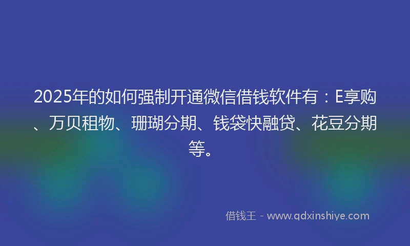 2025年的如何强制开通微信借钱软件有：E享购、万贝租物、珊瑚分期、钱袋快融贷、花豆分期等。