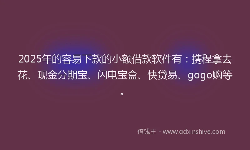 2025年的容易下款的小额借款软件有：携程拿去花、现金分期宝、闪电宝盒、快贷易、gogo购等。