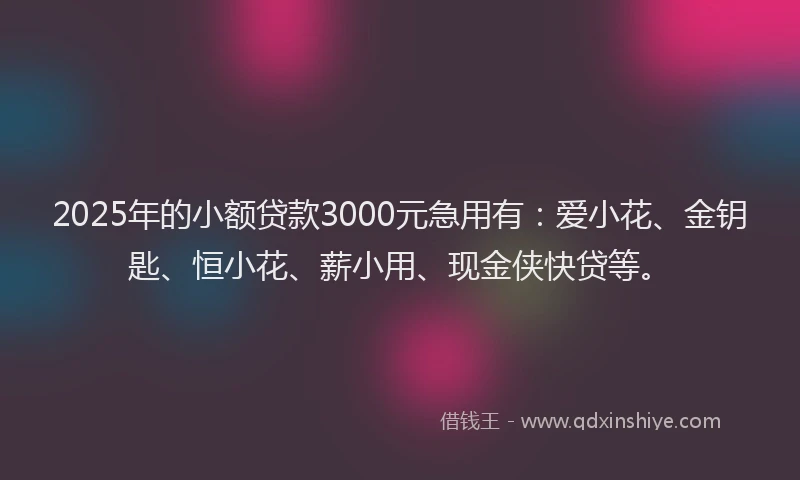 2025年的小额贷款3000元急用有：爱小花、金钥匙、恒小花、薪小用、现金侠快贷等。