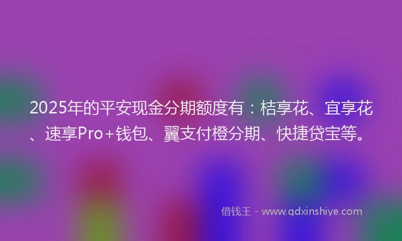 2025年的平安现金分期额度有：桔享花、宜享花、速享Pro+钱包、翼支付橙分期、快捷贷宝等。