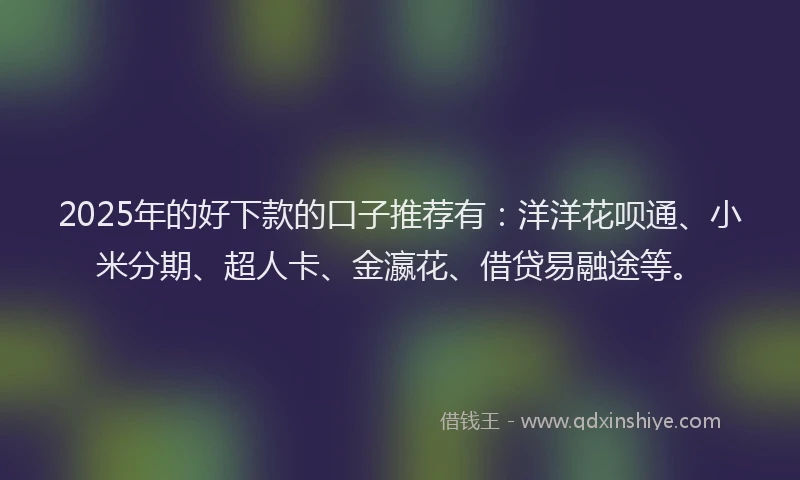 2025年的好下款的口子推荐有：洋洋花呗通、小米分期、超人卡、金瀛花、借贷易融途等。