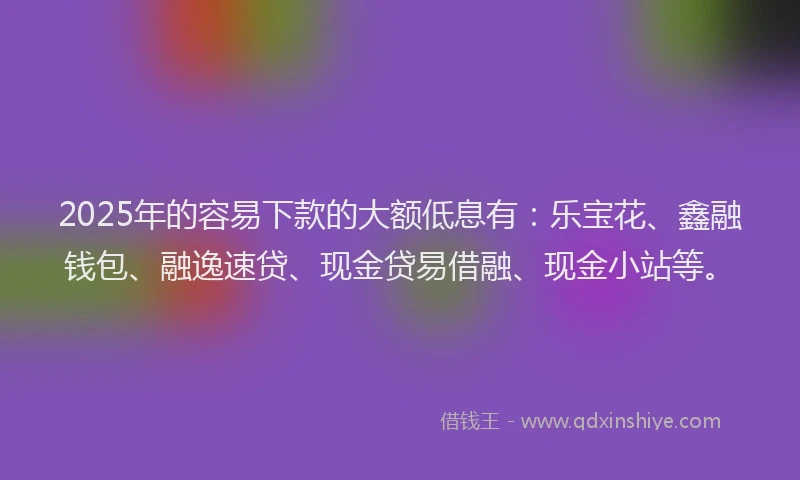 2025年的容易下款的大额低息有：乐宝花、鑫融钱包、融逸速贷、现金贷易借融、现金小站等。