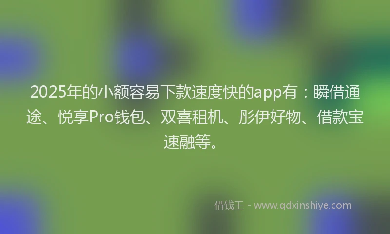 2025年的小额容易下款速度快的app有：瞬借通途、悦享Pro钱包、双喜租机、彤伊好物、借款宝速融等。