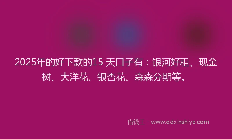 2025年的好下款的15 天口子有：银河好租、现金树、大洋花、银杏花、森森分期等。