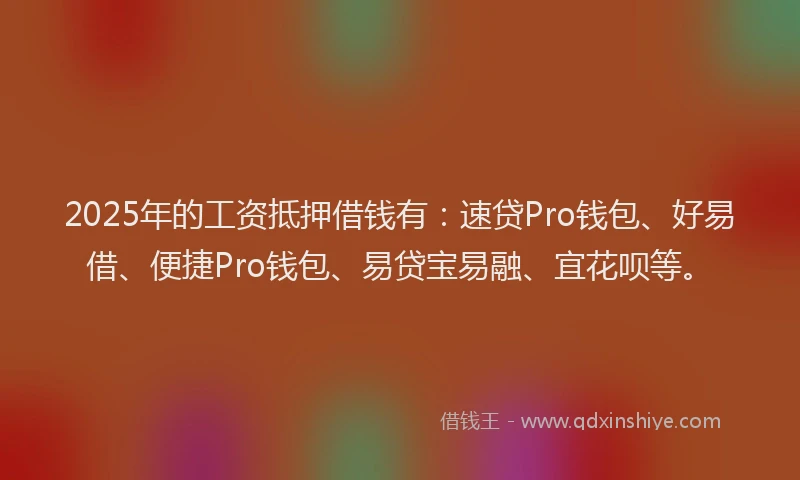 2025年的工资抵押借钱有：速贷Pro钱包、好易借、便捷Pro钱包、易贷宝易融、宜花呗等。