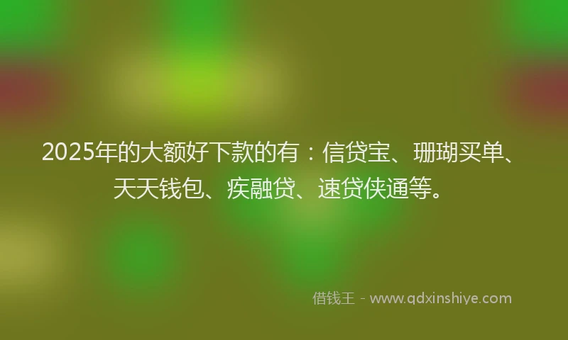 2025年的大额好下款的有：信贷宝、珊瑚买单、天天钱包、疾融贷、速贷侠通等。