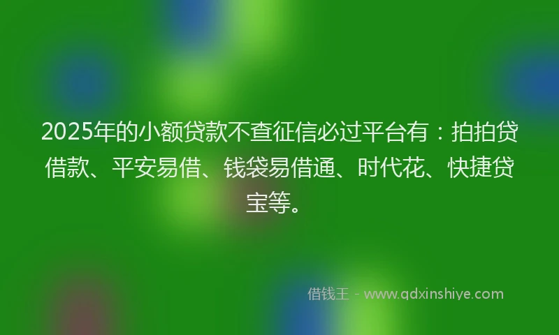 2025年的小额贷款不查征信必过平台有：拍拍贷借款、平安易借、钱袋易借通、时代花、快捷贷宝等。