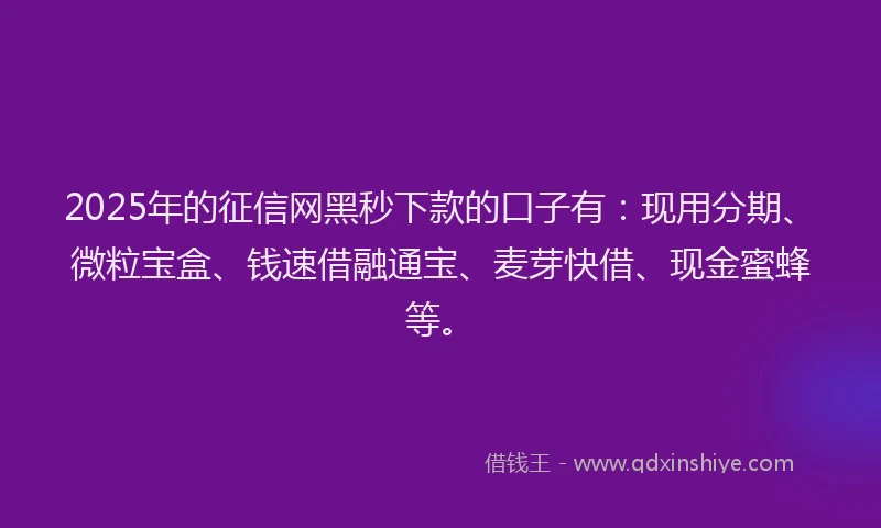 2025年的征信网黑秒下款的口子有：现用分期、微粒宝盒、钱速借融通宝、麦芽快借、现金蜜蜂等。