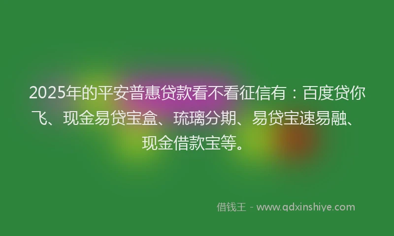 2025年的平安普惠贷款看不看征信有：百度贷你飞、现金易贷宝盒、琉璃分期、易贷宝速易融、现金借款宝等。