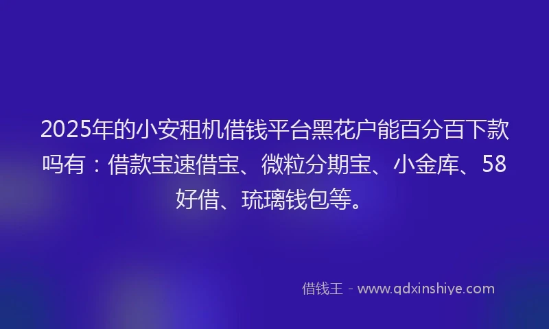 2025年的小安租机借钱平台黑花户能百分百下款吗有：借款宝速借宝、微粒分期宝、小金库、58好借、琉璃钱包等。