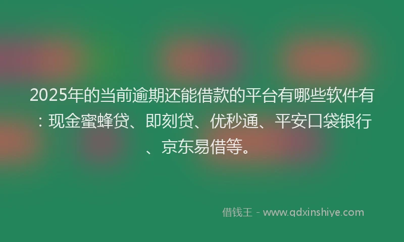 2025年的当前逾期还能借款的平台有哪些软件有：现金蜜蜂贷、即刻贷、优秒通、平安口袋银行、京东易借等。
