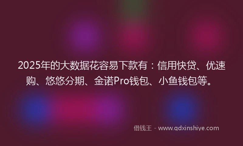 2025年的大数据花容易下款有：信用快贷、优速购、悠悠分期、金诺Pro钱包、小鱼钱包等。