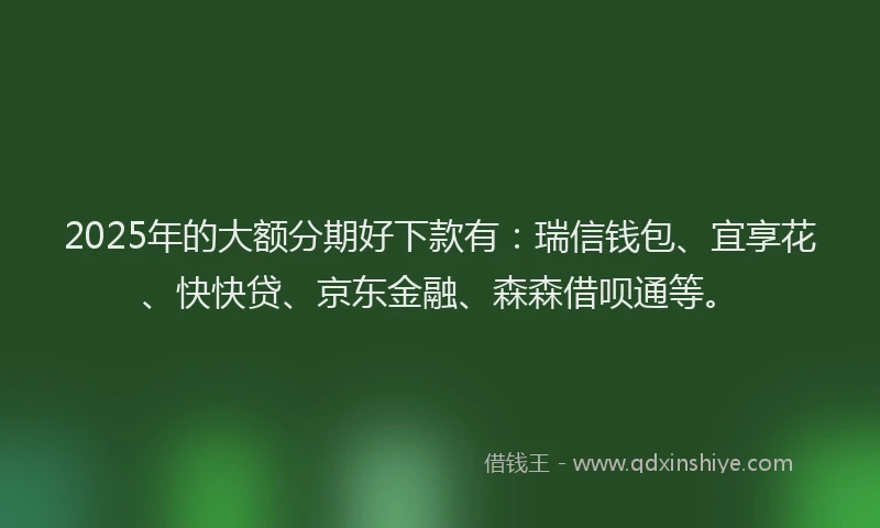 2025年的大额分期好下款有：瑞信钱包、宜享花、快快贷、京东金融、森森借呗通等。