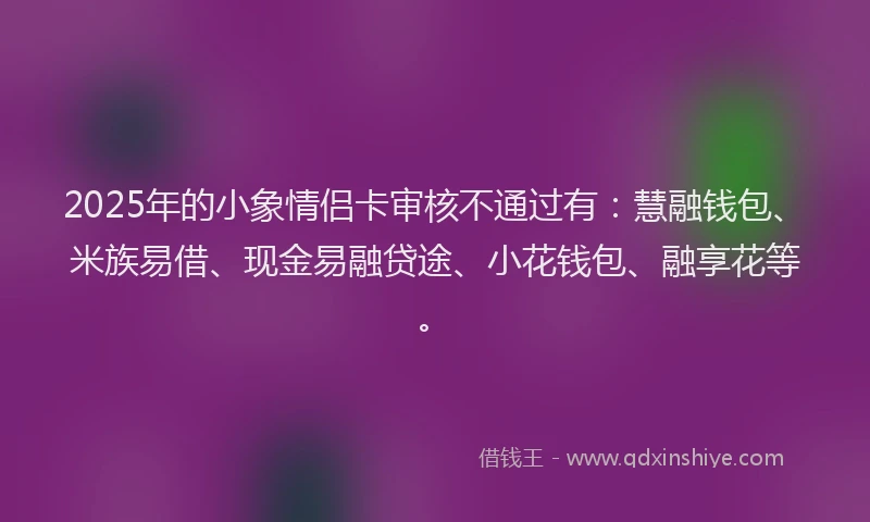 2025年的小象情侣卡审核不通过有：慧融钱包、米族易借、现金易融贷途、小花钱包、融享花等。