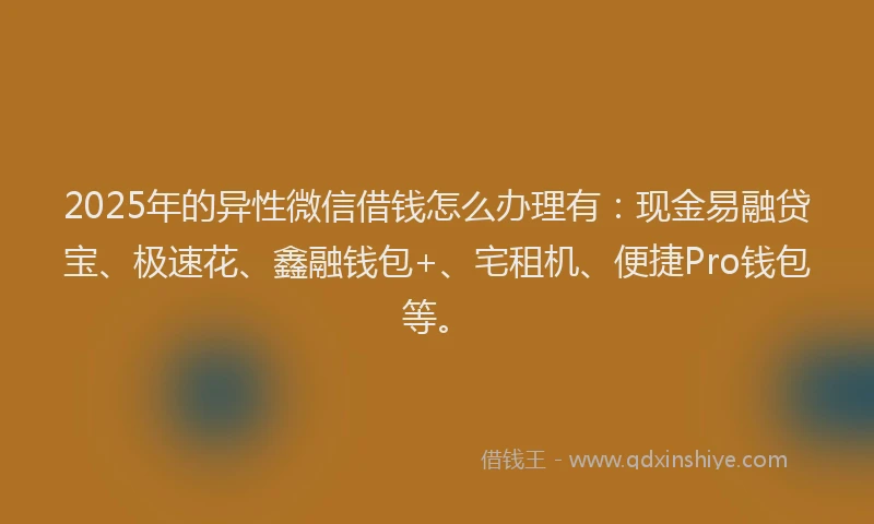 2025年的异性微信借钱怎么办理有：现金易融贷宝、极速花、鑫融钱包+、宅租机、便捷Pro钱包等。