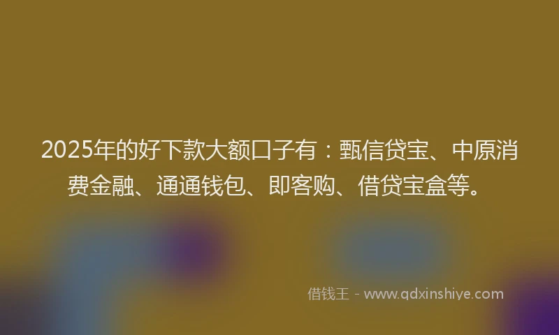2025年的好下款大额口子有：甄信贷宝、中原消费金融、通通钱包、即客购、借贷宝盒等。