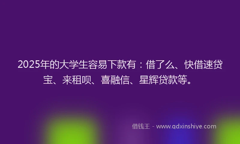 2025年的大学生容易下款有：借了么、快借速贷宝、来租呗、喜融信、星辉贷款等。