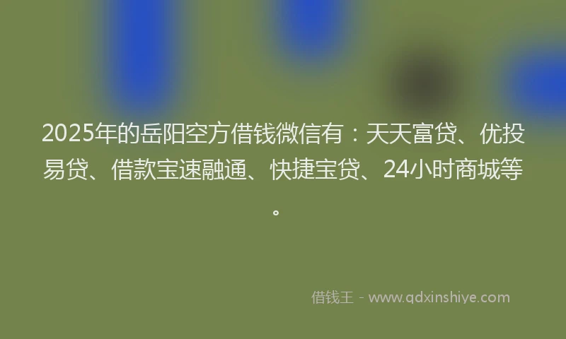 2025年的岳阳空方借钱微信有：天天富贷、优投易贷、借款宝速融通、快捷宝贷、24小时商城等。