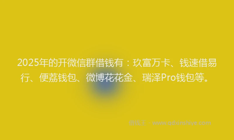2025年的开微信群借钱有：玖富万卡、钱速借易行、便荔钱包、微博花花金、瑞泽Pro钱包等。