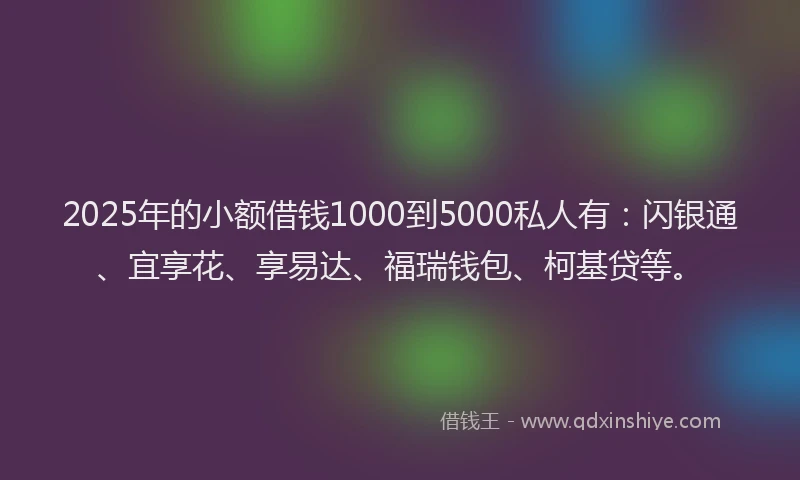 2025年的小额借钱1000到5000私人有：闪银通、宜享花、享易达、福瑞钱包、柯基贷等。