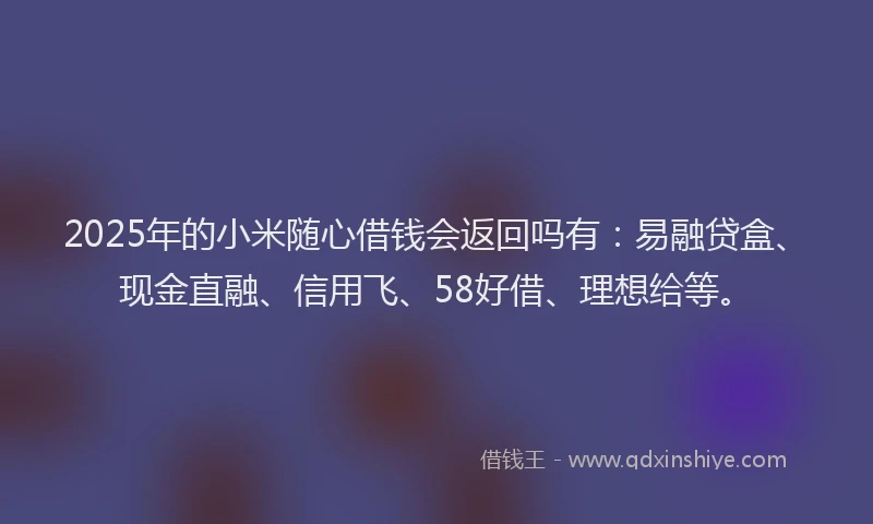 2025年的小米随心借钱会返回吗有：易融贷盒、现金直融、信用飞、58好借、理想给等。