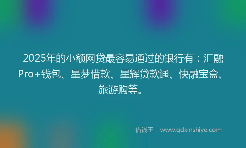 2025年的小额网贷最容易通过的银行有：汇融Pro+钱包、星梦借款、星辉贷款通、快融宝盒、旅游购等。