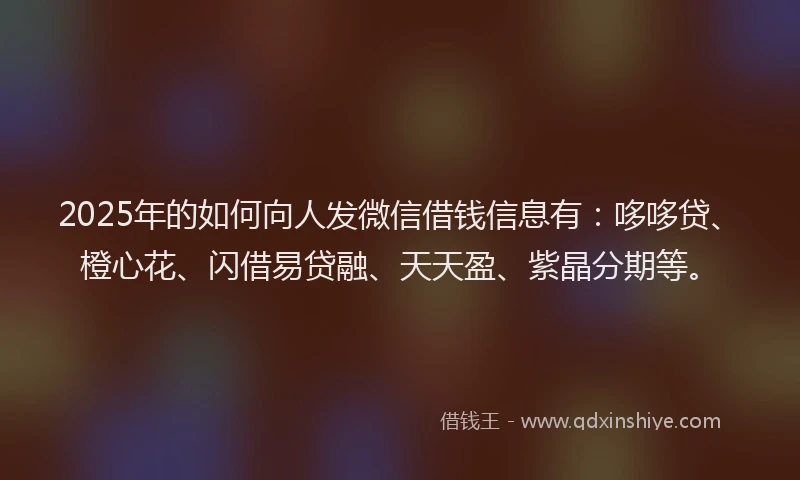 2025年的如何向人发微信借钱信息有：哆哆贷、橙心花、闪借易贷融、天天盈、紫晶分期等。