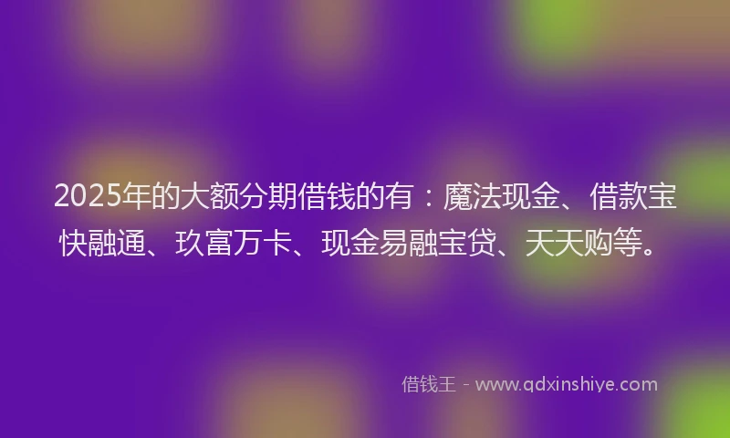 2025年的大额分期借钱的有：魔法现金、借款宝快融通、玖富万卡、现金易融宝贷、天天购等。