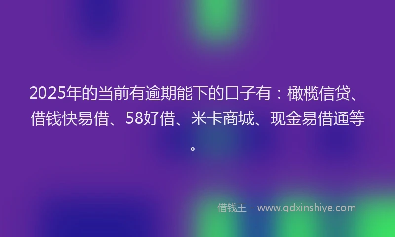 2025年的当前有逾期能下的口子有：橄榄信贷、借钱快易借、58好借、米卡商城、现金易借通等。