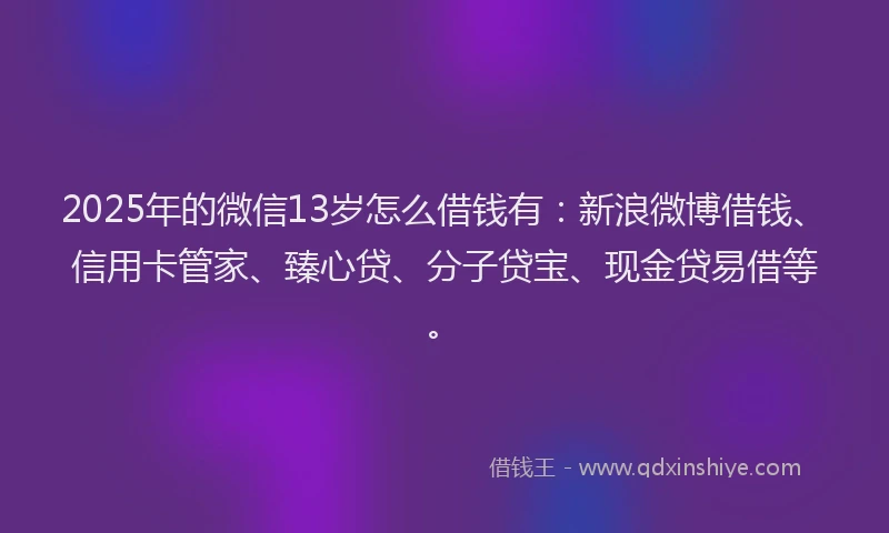 2025年的微信13岁怎么借钱有：新浪微博借钱、信用卡管家、臻心贷、分子贷宝、现金贷易借等。