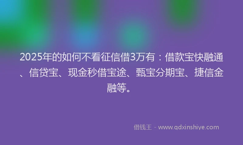 2025年的如何不看征信借3万有：借款宝快融通、信贷宝、现金秒借宝途、甄宝分期宝、捷信金融等。