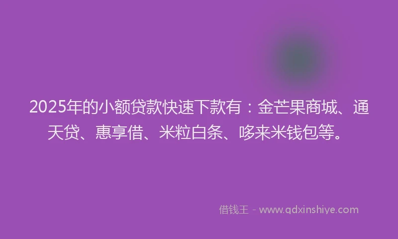 2025年的小额贷款快速下款有：金芒果商城、通天贷、惠享借、米粒白条、哆来米钱包等。